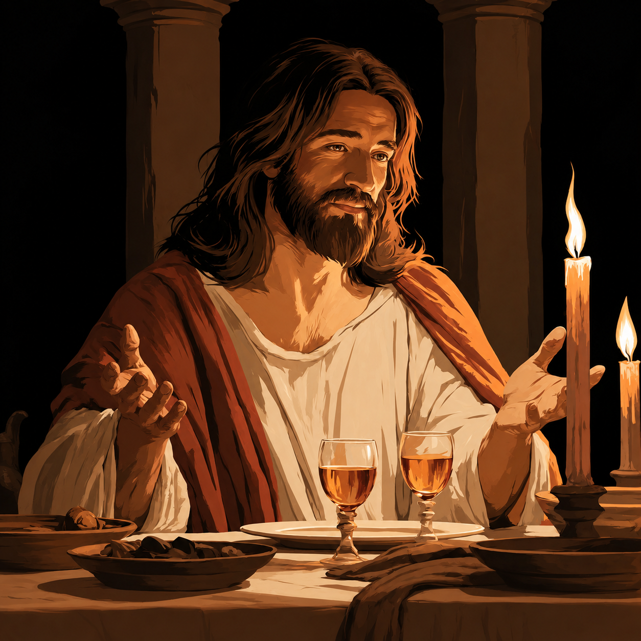 An illustration of Jesus welcoming others at a candlelit table